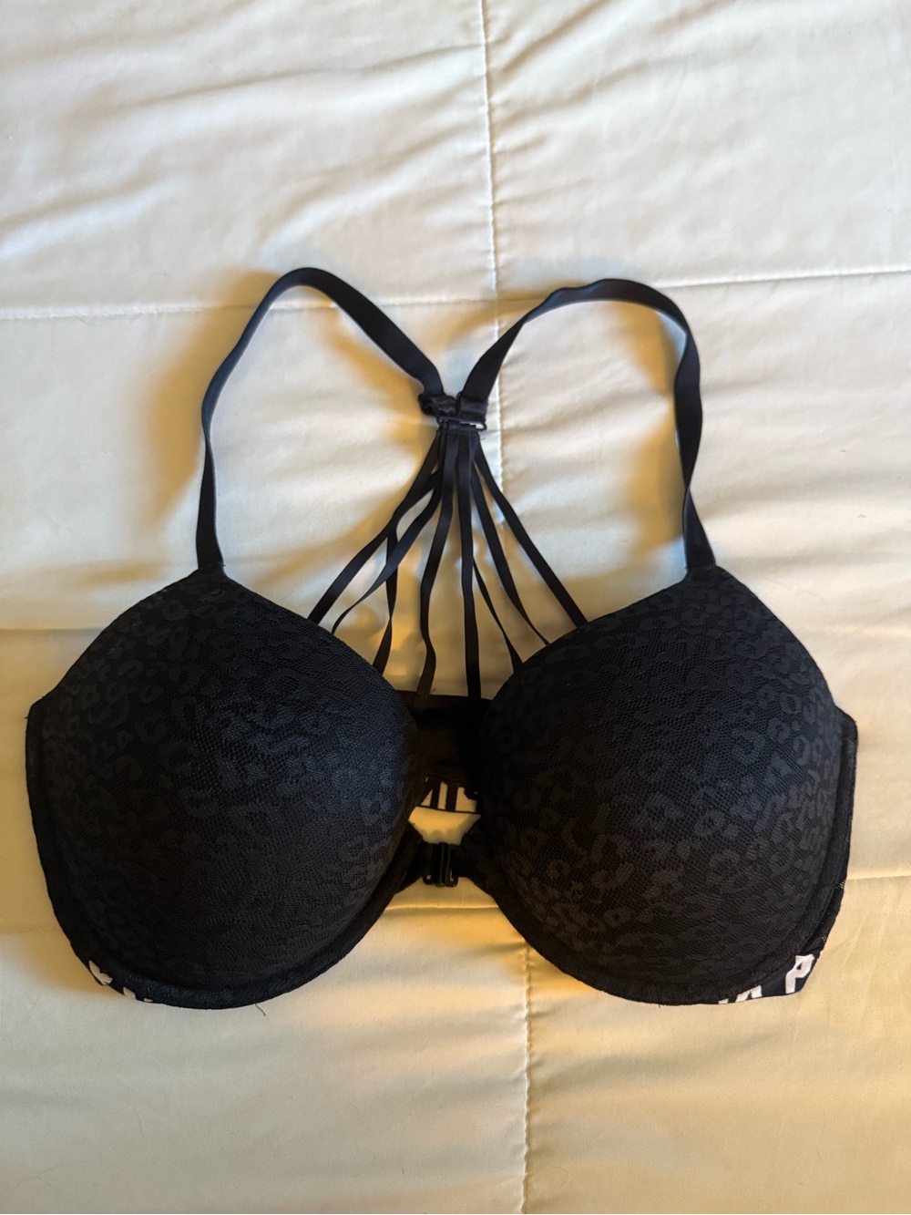 PINK Victoria's Secret Black Strappy Leopard-Textured Push-Up Bra